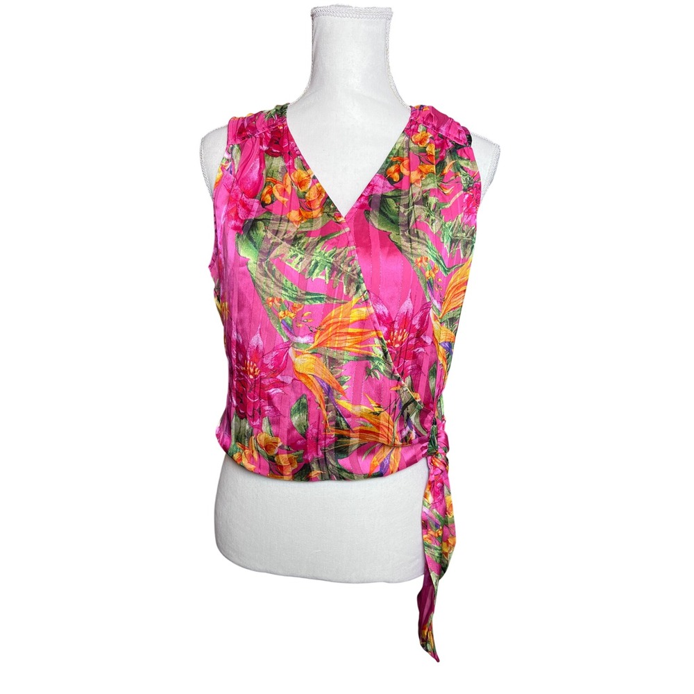 Cupcakes and Cashmere Pink Bohemian Floral Metallic Wrap Top Small Smocked Back